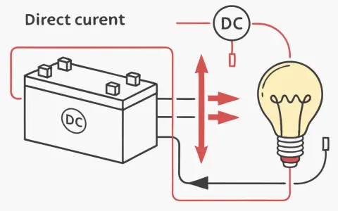 Circuit de courant continu : une batterie alimente une ampoule. Le plus et le moins de la batterie sont connectés à l'ampoule.
