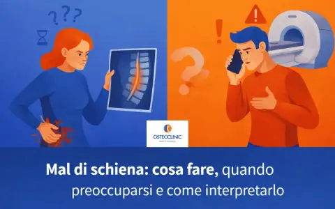 Donna con mal di schiena guarda una radiografia. Uomo al telefono con risonanza magnetica sullo sfondo.