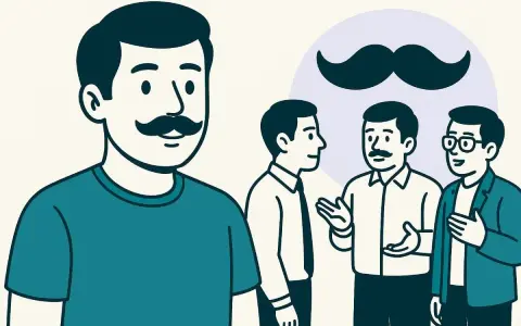Hombres con bigote conversan. Uno al frente, tres al fondo con un gran bigote flotando. Celebrando el Movember que es.