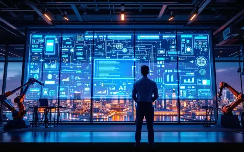 Un homme observe un écran futuriste affichant des schémas complexes et des données financières, symbolisant l'automatisation des processus robotisés (RPA) dans la finance.