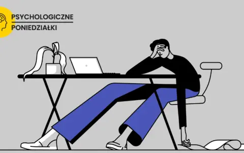 Zrezygnowany człowiek przy biurku, z laptopem i rośliną. Zastanawia się, prokrastynacja co to, czując przytłoczenie.