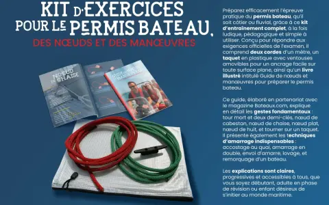 Kit pour permis bateau : deux cordes, un taquet et un guide illustré sur les nœuds marins et manœuvres.