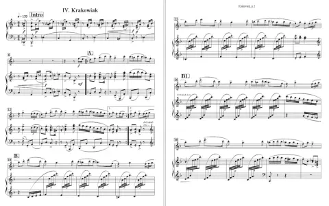 Fragment nut fortepianowych z oznaczeniem "IV. Krakowiak" i "Intro".