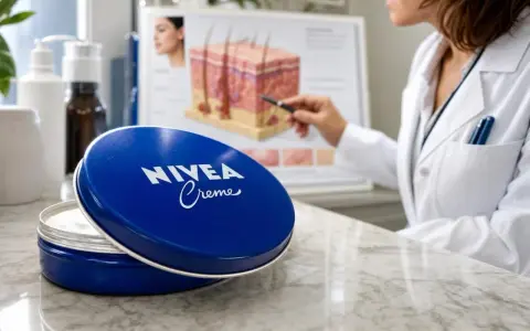 Boîte de crème Nivea bleue ouverte, avec une experte expliquant les bienfaits de la crème sur la peau.