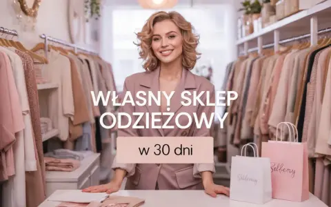 Uśmiechnięta kobieta w różowym żakiecie stoi w butiku pełnym ubrań. Tekst głosi "Własny sklep odzieżowy w 30 dni". To inspiracja dla tych, którzy marzą o własnych sieciówkach.