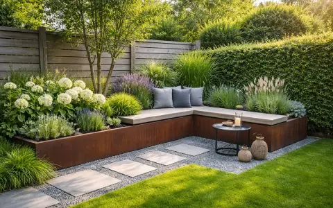 Eine tote Ecke im Garten gestalten: Eine L-förmige Holzbank mit Kissen, umgeben von Gräsern, Hortensien und Lavendel, schafft eine gemütliche Sitzecke.