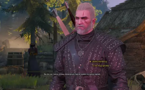 Geralt z Rivii w zbroi, w sercu lasu w Wiedźmin 3, rozmawia z kobietą.