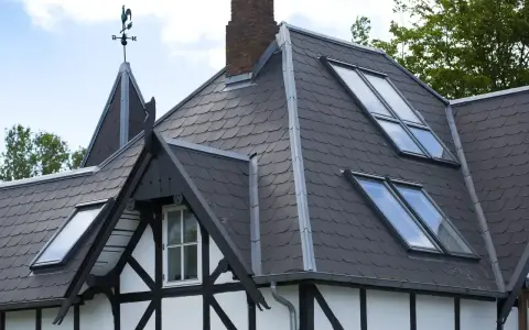 Tetti moderni con tegole scure e lucernari integrati, che valorizzano i materiali e l'architettura della casa.