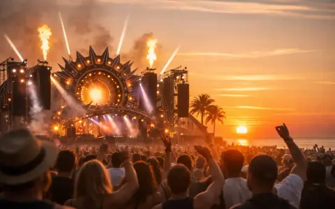 Tłum ludzi na plaży, płomienie buchające ze sceny, zachód słońca i muzyka na Sunrise Festival 2026.