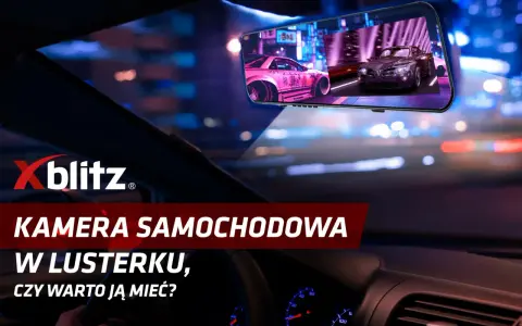 Kamera samochodowa w lusterku bocznym pokazuje nocną jazdę z neonowymi światłami miasta i tuningowanymi autami. Czy warto ją mieć?