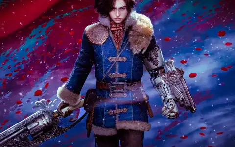 Joven con brazo mecánico y arma antigua, rodeado de pétalos rojos. ¿Será esta la aventura que trae el dlc Lies of P?