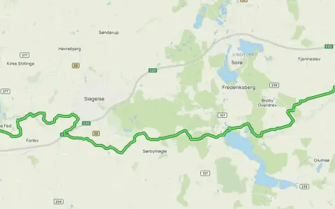 Trasa rowerowa przez Zelandię w Danii, od wybrzeża koło Korsør przez Slagelse, Sorø, aż do okolic Ringsted.