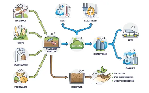 Schema zeigt, wie wird aus biomasse energie gewonnen: Gülle, Pflanzen, Abwasser und Lebensmittelabfälle werden in einem Biogasfermenter zu Biogas verarbeitet, das zu Wärme, Strom, Biokraftstoff und Gasnetz wird.