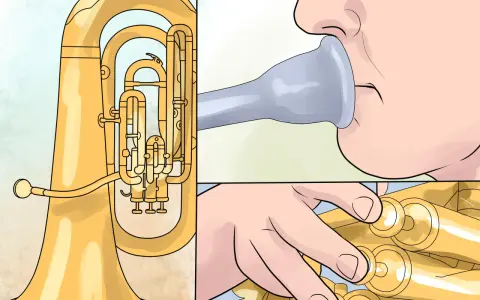 Tuba-Steckbrief für Kinder: So lernt man das Instrument kennen. Ein Kind bläst ins Mundstück, die Finger liegen auf den Ventilen.