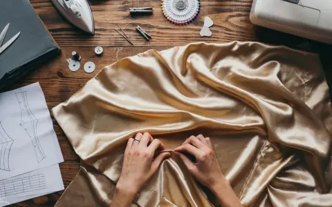 Manos ajustando tela dorada, lista para un diseño con punto jacquard. Patrones, tijeras y máquina de coser a la vista.