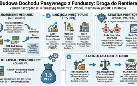 Jak zainwestować 500 tys. zł? Schemat budowy dochodu pasywnego z funduszy: od akumulacji, przez narzędzia inwestycyjne, po fazę rentierską.