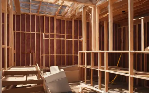 Intérieur d'une maison en construction, avec charpente en bois et pose de laine de verre sur les murs.