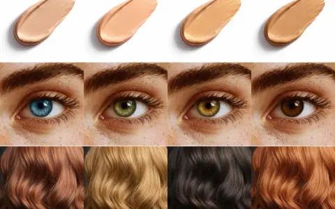 Muestras de bases de maquillaje, ojos de distintos colores y cabellos. Ideal para la **colorimetria primavera**.
