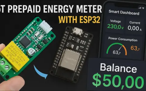 An ESP32 project for an IoT prepaid energy meter, showing the components and a smartphone dashboard displaying voltage, current, power consumption, and balance.
