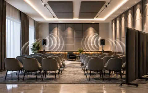 Sala konferencyjna z rzędami krzeseł, głośnikami i wizualizacją dźwięku. Słychać echo w pokoju, które odbija się od paneli ściennych.