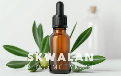 Brązowa buteleczka z pipetką, gałązka oliwna i napis "SKWALAN W KOSMETYKACH". Skwalan to cenny składnik pielęgnacyjny.