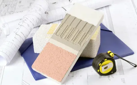 Próbki materiałów budowlanych, plany i miarka na tle dokumentacji technicznej.