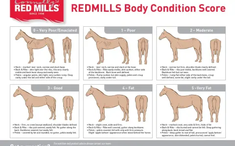 Guide visuel pour évaluer la condition corporelle d'un cheval, de émacié à très gras. Utile pour savoir comment faire maigrir un cheval si nécessaire.