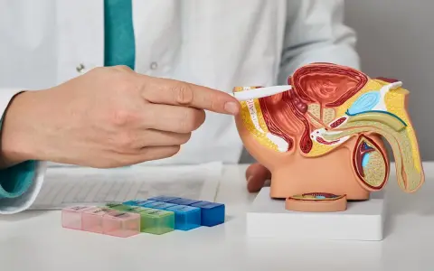 Lekarz wskazuje na model gruczołu krokowego, obok leżą pojemniki na leki.