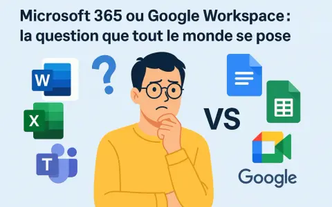 Un homme perplexe face aux logos de Microsoft 365 (Word, Excel, Teams) et Google Workspace (Docs, Sheets, Meet). Microsoft shared c'est quoi ?