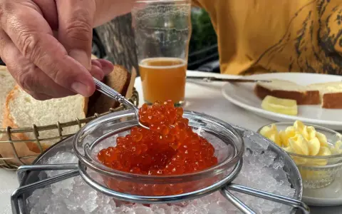 Roter Kaviar, vermutlich Lachsrogen, wird mit einer Gabel aus einer Schale auf Eis serviert. Dazu gibt es Brot und Butter.