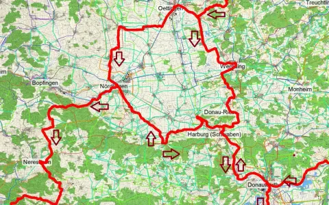 Karte mit markiertem Jakobsweg NRW, Städten wie Nördlingen und Harburg, sowie Pfeilen.
