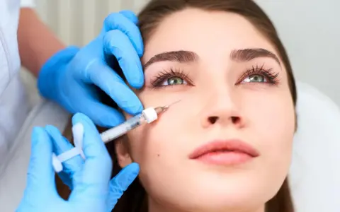 Manos enguantadas aplican inyección para tratar arrugas debajo de los ojos.