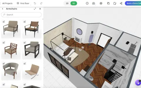 Interfaz de diseño de interiores gratis. Muestra un dormitorio 3D y una selección de sillones.