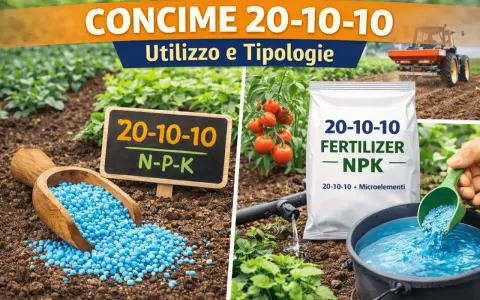Concime NPK 20-10-10, ricco di azoto, per nutrire le piante. Granuli blu in un campo, con sacco e trattore.