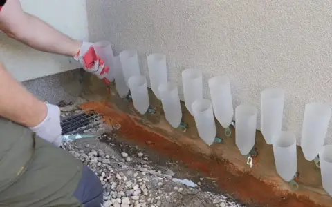 Osoba w rękawiczkach ustawia rurki przy ścianie, pokazując, jak osuszyć ściany domowym sposobem.