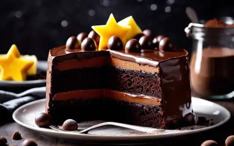 Un gâteau au chocolat moelleux et facile, avec des couches de ganache et décoré de boules de chocolat et d'étoiles jaunes.