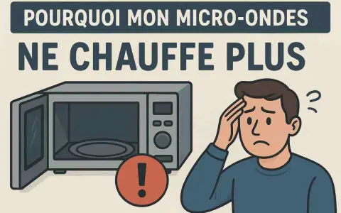 Un homme perplexe regarde son micro-ondes qui ne chauffe plus. Un point d'exclamation rouge signale le problème.