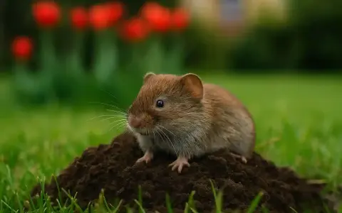 Mały karczownik siedzi na kopczyku ziemi w ogrodzie, wśród zielonej trawy i rozmytych czerwonych tulipanów.