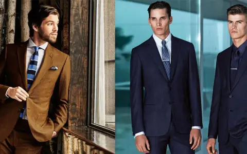 Hombres con trajes elegantes. Uno viste un traje marrón y corbata a rayas, el otro dos trajes azul marino. Un ejemplo de vestir formal.