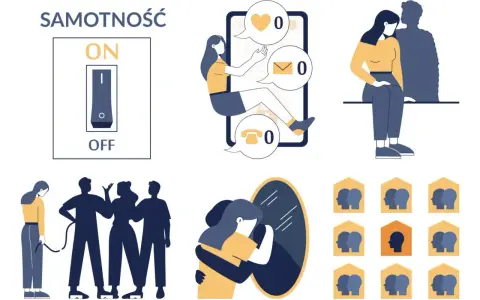 Ilustracja ukazuje różne rodzaje samotności: odczucie izolacji mimo otoczenia, brak kontaktu online, poczucie osamotnienia w związku i trudność w nawiązywaniu relacji.