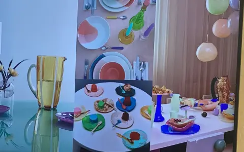 Un joyeux **art de la table française** avec des desserts colorés, des assiettes vives et un pichet jaune.