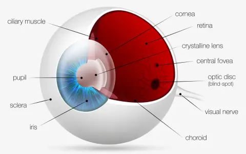 Sezione trasversale dell'occhio umano che mostra la struttura della retina, il cristallino, l'iride e altre parti vitali per la vista.