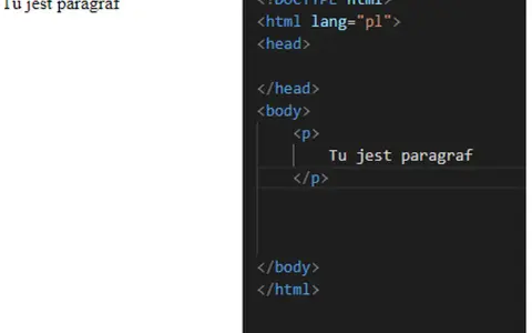 Kod html z tagami body i p. Tekst "Tu jest paragraf" wyświetlany w przeglądarce.