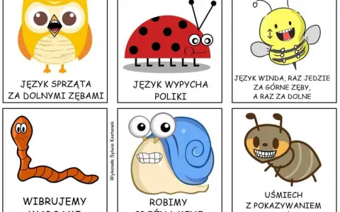 Zabawne gry logopedyczne dla 4 latka: sowa czyści zęby, biedronka wypycha policzki, pszczoła jeździ językiem, dżdżownica wibruje wargami, ślimak robi groźną minę, mrówka uśmiecha się z zębami.