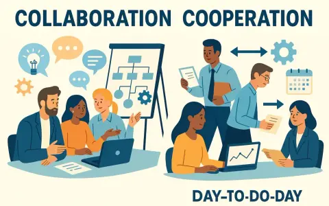 Ilustración de **trabajo cooperativo y colaborativo** en equipo, con personas discutiendo ideas, presentando proyectos y trabajando juntas en el día a día.