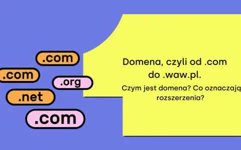 Etykiety z rozszerzeniami domen (.com, .org, .net) na niebieskim tle, obok żółtego prostokąta z tekstem.