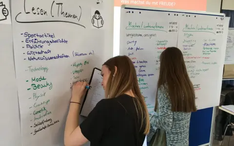 Zwei junge Frauen bei einem Praktikum zur Berufsorientierung, die Ideen auf Whiteboards sammeln.