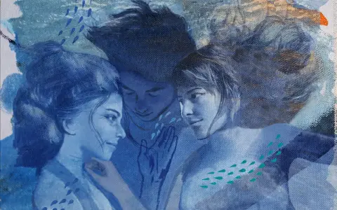 Tre volti in blu, immersi in un'atmosfera onirica. La **perspiratio insensibilis** sembra evocata dalle gocce d'acqua e dalla fusione dei corpi.