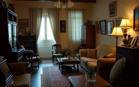 Stary salon, pamiątka po rodzicach. Wygodna kanapa, obrazy na ścianach i zabytkowe meble tworzą atmosferę spokoju.
