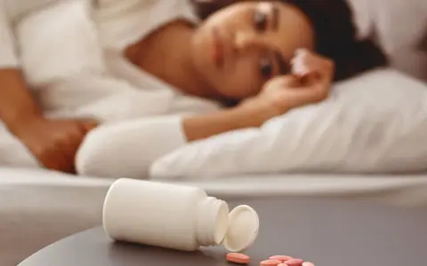 Frau liegt im Bett, daneben eine offene Pillendose mit Tabletten. Vielleicht die Suche nach Schlaf mit Melatonin maximaldosis.